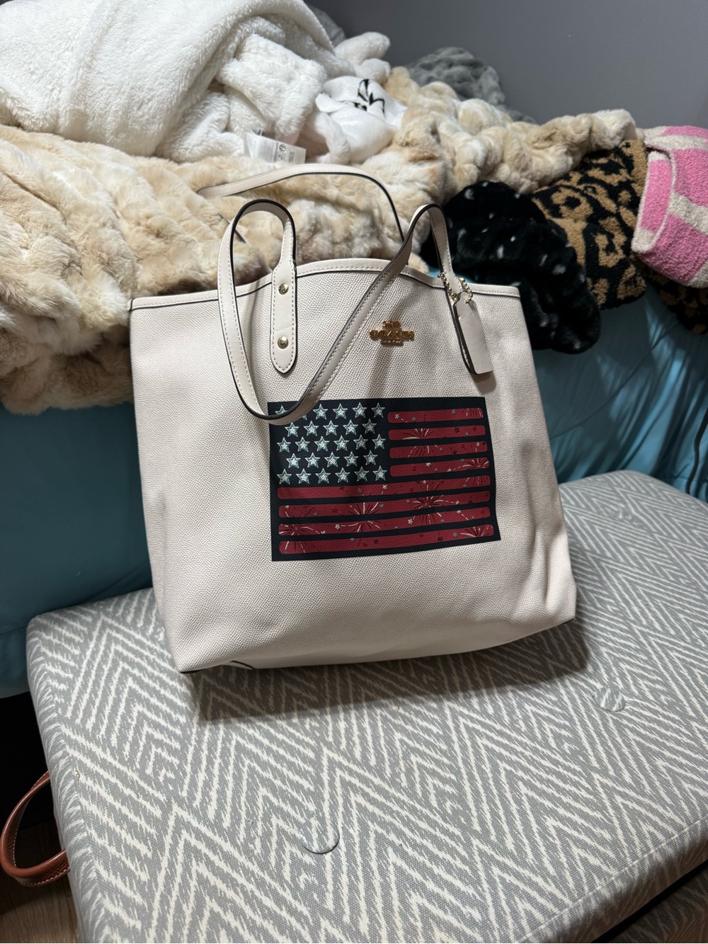 Coach Cream Leather Tote with American Flag Graphic
